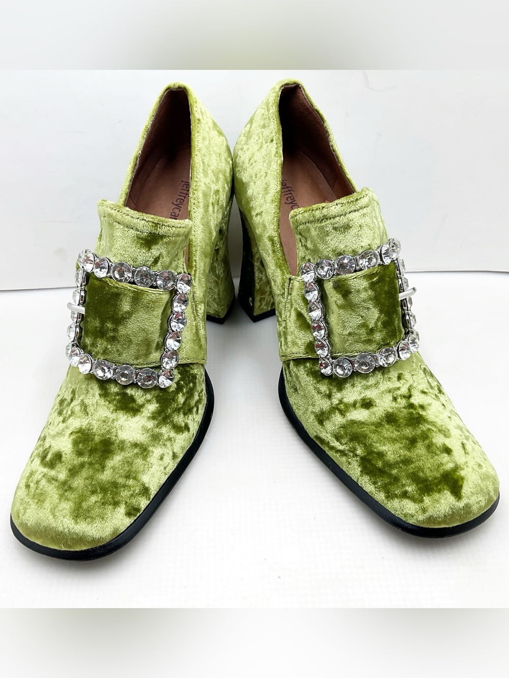 🆕{Jeffery Campbell} Velvet Chunky Rhinestone Buckle Heel Loafers - Picture 10 of 16